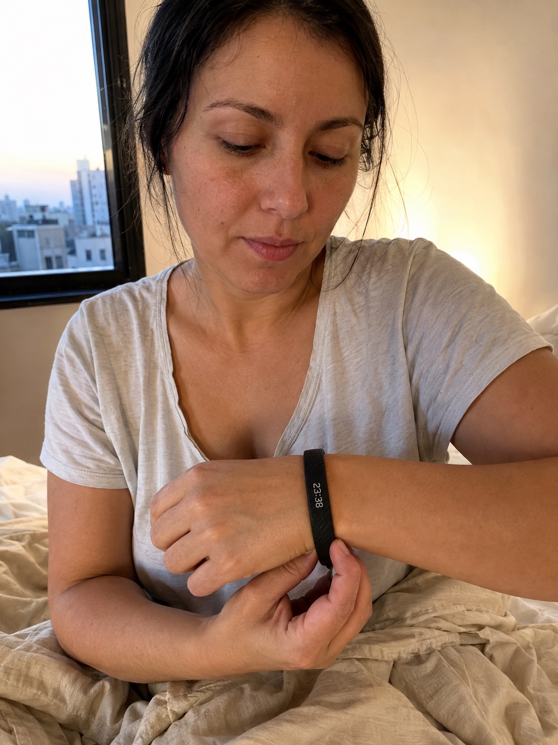 Mujer ajustando una pulsera BIVRA negra antes de acostarse