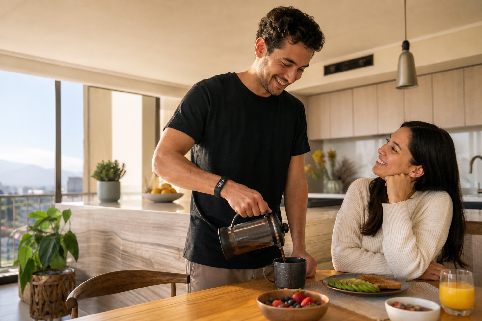 Pareja comparte un desayuno tranquilo después de usar BIVRA